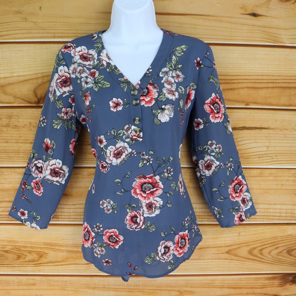 Maurices Blouse 1/4 Button V-Neck Women Size XS Blue Multicolor Floral Polyester